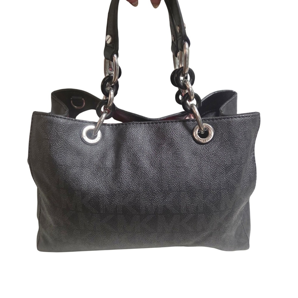 Michael Kors Jet Set Chain Shoulder Bag Black Monogram Pebbled Leather Tote